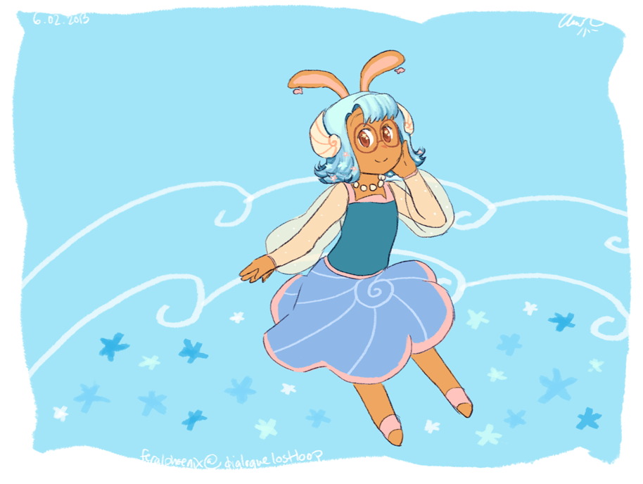 1girl animal_ears blue_dress blue_hair brown_fur bunny_girl cucumber_quest doodle dress feral_phoenix fish_earrings glasses jewelry nautilus_shell necklace ocean_waves pearl_necklace pink_sandals pink_sleeves pointy_ears princess_nautilus rabbit rabbit_ears star