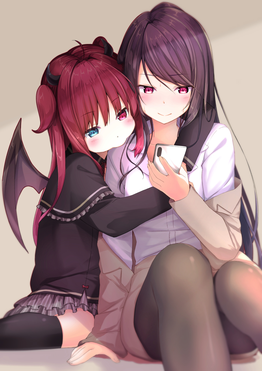 2girls arm_support bangs black_capelet black_footwear black_legwear blue_eyes blush brown_background brown_jacket brown_legwear brown_skirt brown_wings capelet cellphone closed_mouth collared_shirt commentary_request demon_girl demon_horns demon_wings dress dress_shirt eyebrows_visible_through_hair formal frilled_capelet frilled_dress frills gundou_mirei hair_between_eyes heterochromia highres holding holding_cellphone holding_phone horns hug hug_from_behind jacket kneehighs long_hair long_sleeves multiple_girls na53 nijisanji off_shoulder open_clothes open_jacket pencil_skirt phone purple_hair red_eyes redhead shirt sitting skirt skirt_suit sleeves_past_wrists smile suit very_long_hair virtual_youtuber white_shirt wings yuzuki_roa