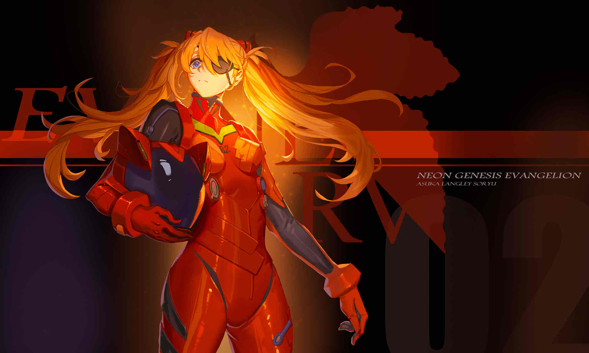 1girl bangs blue_eyes bodysuit breasts character_name copyright_name dark_background eyepatch gloves hair_ornament headwear_removed helmet helmet_removed highres jpeg_artifacts long_hair looking_at_viewer neon_genesis_evangelion orange_hair plugsuit red_bodysuit red_gloves shikinami_asuka_langley small_breasts solo souryuu_asuka_langley standing two_side_up ying_shi_de_xia_yeji