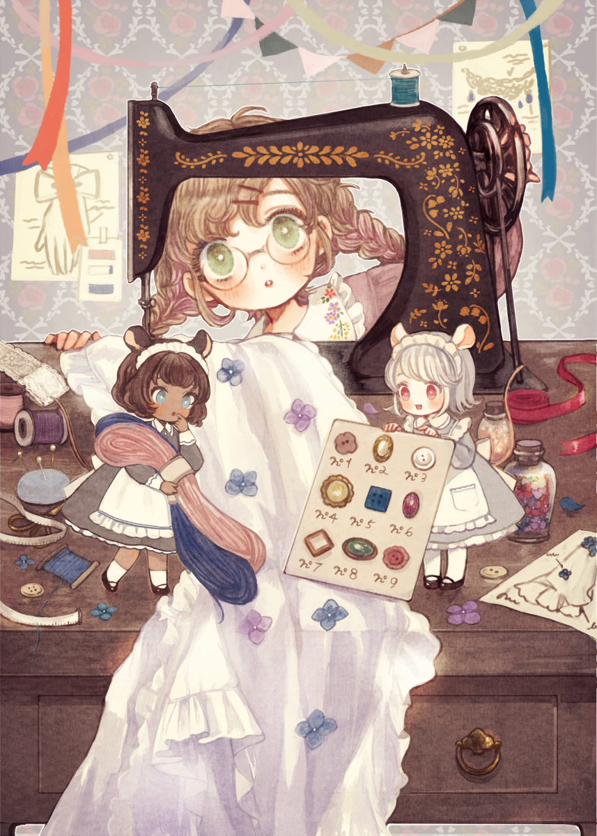 3girls animal_ears apron blue_eyes blush braid bright_pupils brown_hair buttons commentary_request dark_skin dress fabric finger_to_mouth flower glasses green_eyes grey_dress hair_ornament hairclip highres holding indoors jar long_hair long_sleeves maid maid_headdress mary_janes minigirl mouse_ears mouse_girl mouse_tail multiple_girls open_mouth original pantyhose parted_lips pin pincushion red_eyes ribbon round_eyewear sewing_machine shoes short_hair smile socks spool standing table tail tape_measure thread twin_braids wallpaper_(object) white_hair white_legwear white_pupils yujup