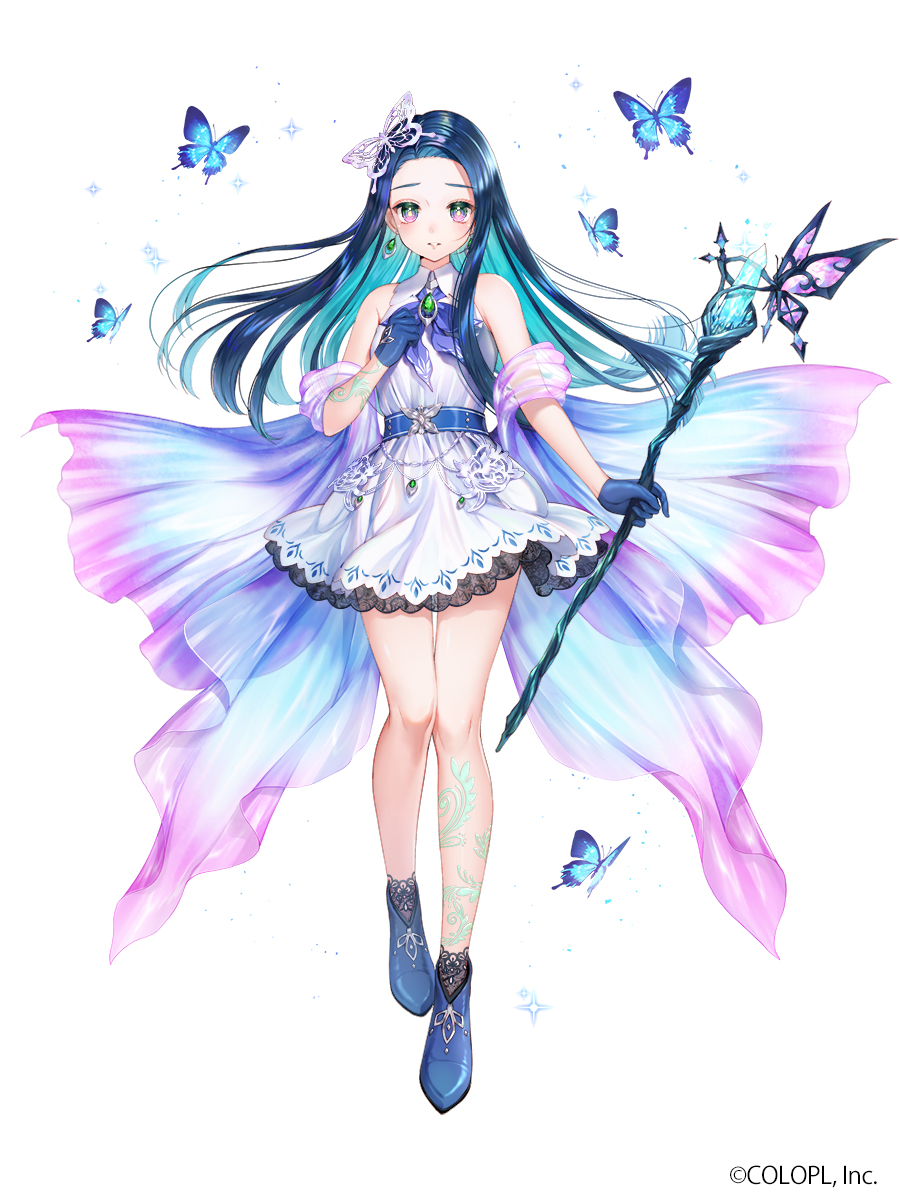 1girl blue_butterfly blue_footwear blue_gloves blue_hair blue_neckwear bug butterfly butterfly_hair_ornament company_name dress earrings full_body gloves hair_ornament highres insect jewelry leg_tattoo long_hair looking_at_viewer momoshiki_tsubaki official_art shironeko_project smile staff standing tattoo violet_eyes white_dress