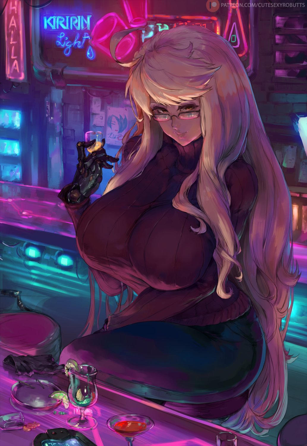 1girl ahoge alma_armas bar black-framed_eyewear blonde_hair breasts cup cutesexyrobutts dark_skin downscaled drinking_glass duplicate glasses highres huge_breasts long_hair looking_at_viewer mechanical_hands patreon_username purple_sweater resized ribbed_sweater sweater thick_thighs thighs turtleneck turtleneck_sweater va-11_hall-a very_long_hair watermark