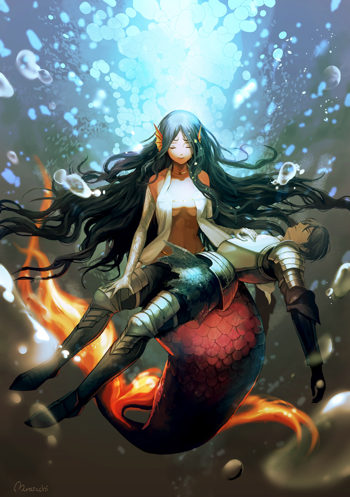 1boy 1girl air_bubble armor bare_shoulders black_hair breastplate bubble closed_eyes closed_mouth elbow_gloves fantasy gloves greaves holding holding_another long_hair mermaid monster_girl muraicchi_(momocchi) navel original smile submerged torn_clothes unconscious water white_gloves