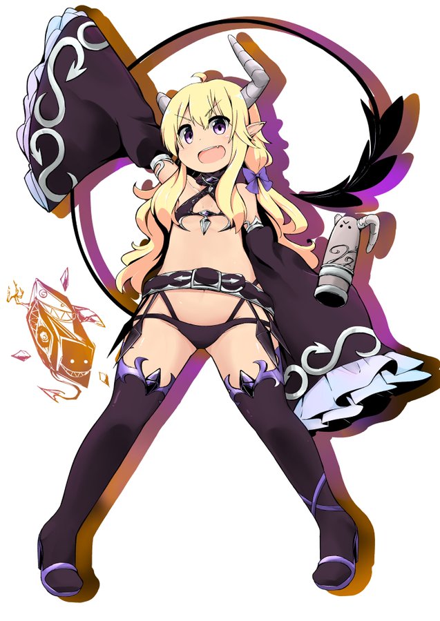 1girl ahoge bare_shoulders blonde_hair demon_girl demon_horns demon_tail detached_sleeves eyebrows_visible_through_hair fang flat_chest gloves horns kirara_fantasia lilith_(machikado_mazoku) long_hair looking_at_viewer machikado_mazoku navel open_mouth revealing_clothes smile solo statue tail thigh-highs watage_(lucky_yyg)