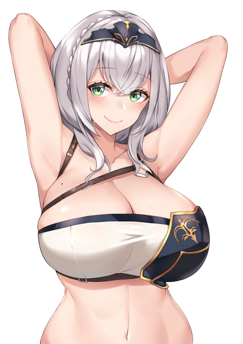 1girl arms_behind_head asymmetrical_clothes blue_headband blue_headwear braid breasts buckle green_eyes headband hololive huge_breasts kuavera large_breasts mole mole_on_breast shirogane_noel simple_background smile strap upper_body white_background white_hair