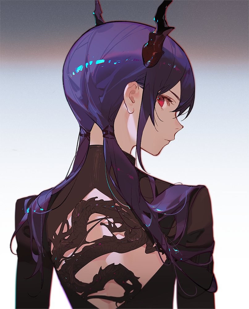 1girl arknights ask_(askzy) back_tattoo backless_outfit blue_hair ch'en_(arknights) dragon dragon_horns from_behind horns long_hair looking_back red_eyes solo tattoo twintails