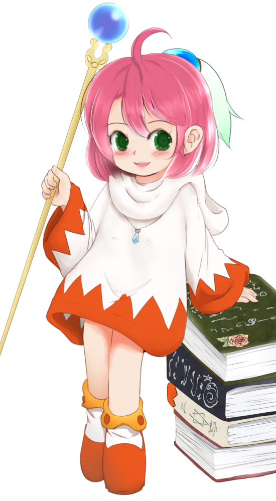 1girl ahoge blush check_commentary commentary_request final_fantasy final_fantasy_fables graphite_(medium) green_eyes looking_at_viewer open_mouth pink_hair ravnica robe shirma short_hair simple_background smile solo traditional_media white_background white_mage