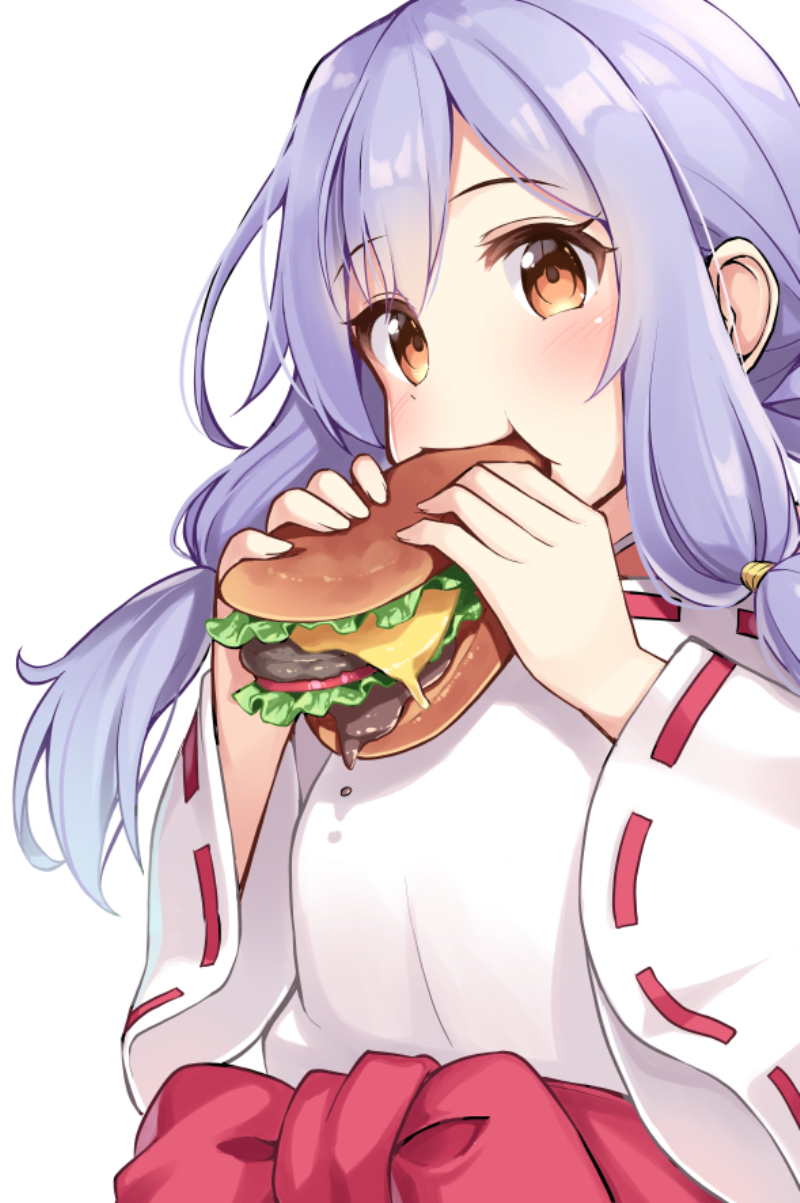 1girl bangs blue_hair blush bow brown_eyes commentary_request copyright_request eating eyebrows_visible_through_hair food hamburger highres holding holding_food japanese_clothes kimono long_hair long_sleeves looking_at_viewer miko ominaeshi_(takenoko) red_bow ribbon-trimmed_sleeves ribbon_trim simple_background solo white_background white_kimono wide_sleeves