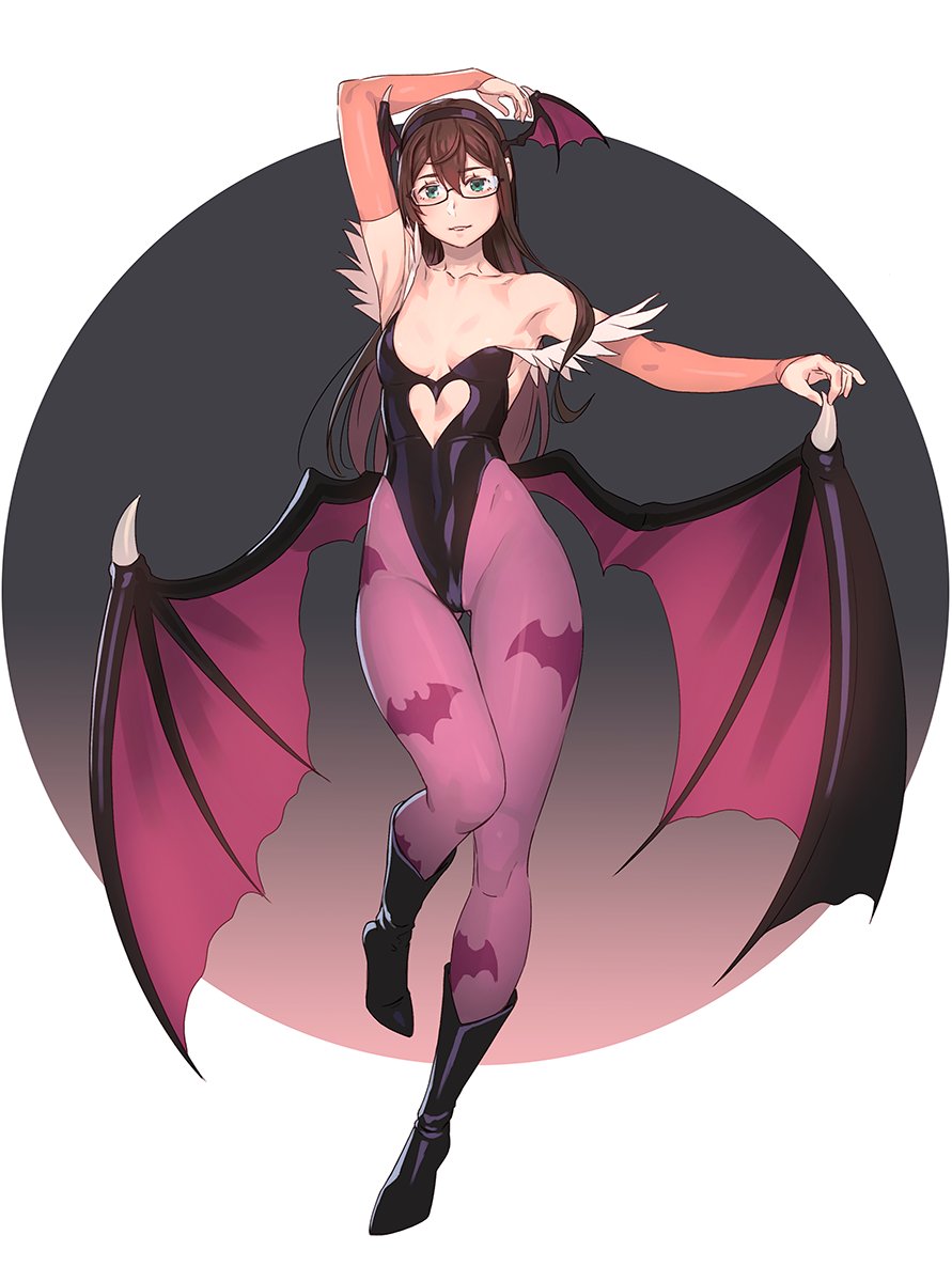1girl alternate_costume animal_print armpits arms_up ass_visible_through_thighs bangs bare_shoulders bat_print bat_wings black_leotard blush boots breasts brown_hair collarbone commentary_request cosplay covered_navel demon_girl demon_wings elbow_gloves eyebrows_visible_through_hair full_body glasses gloves green_eyes hairband head_wings heart_cutout highleg highleg_leotard highres kantai_collection leg_up leotard long_hair looking_at_viewer low_wings morrigan_aensland morrigan_aensland_(cosplay) ooyodo_(kantai_collection) pantyhose parted_lips print_legwear purple_legwear purple_wings semi-rimless_eyewear sidelocks simple_background small_breasts solo standing standing_on_one_leg strapless strapless_leotard succubus under-rim_eyewear vampire_(game) wings yuuji_(and)