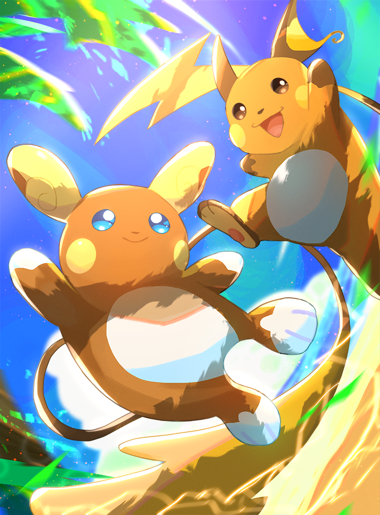 alolan_and_normal alolan_raichu blue_eyes blue_sky closed_mouth clouds commentary_request creature day gen_1_pokemon gen_7_pokemon happy jumping looking_at_viewer multiple_sources no_humans ocean otsumami_(bu-bu-heaven) pokemon pokemon_(creature) pokemon_trading_card_game raichu sky smile water