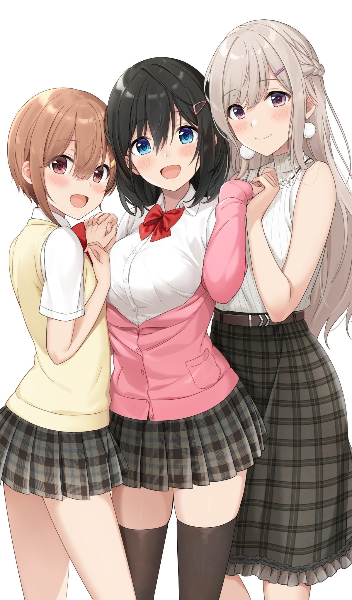 3girls azuki_yui bangs black_hair black_legwear blue_eyes blush bow bowtie breasts brown_eyes brown_hair dress dress_shirt earrings eyebrows_visible_through_hair flat_chest flower hair_ornament hairpin highres holding_hands jacket jewelry large_breasts long_hair medium_hair miniskirt multiple_girls necklace open_mouth original pom_pom_(clothes) pom_pom_earrings red_neckwear school_uniform shirt sidelocks simple_background skirt sleeveless smile sweater thigh-highs turtleneck turtleneck_sweater violet_eyes white_background white_shirt