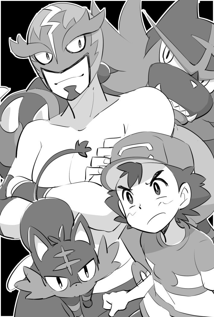 baseball_cap black_background crossed_arms djmn_c hat incineroar kukui_(pokemon) litten looking_at_viewer luchador luchador_mask monochrome pokemon pokemon_(anime) pokemon_(creature) pokemon_sm_(anime) royal_mask satoshi_(pokemon) shirt shirtless simple_background source_request striped striped_shirt