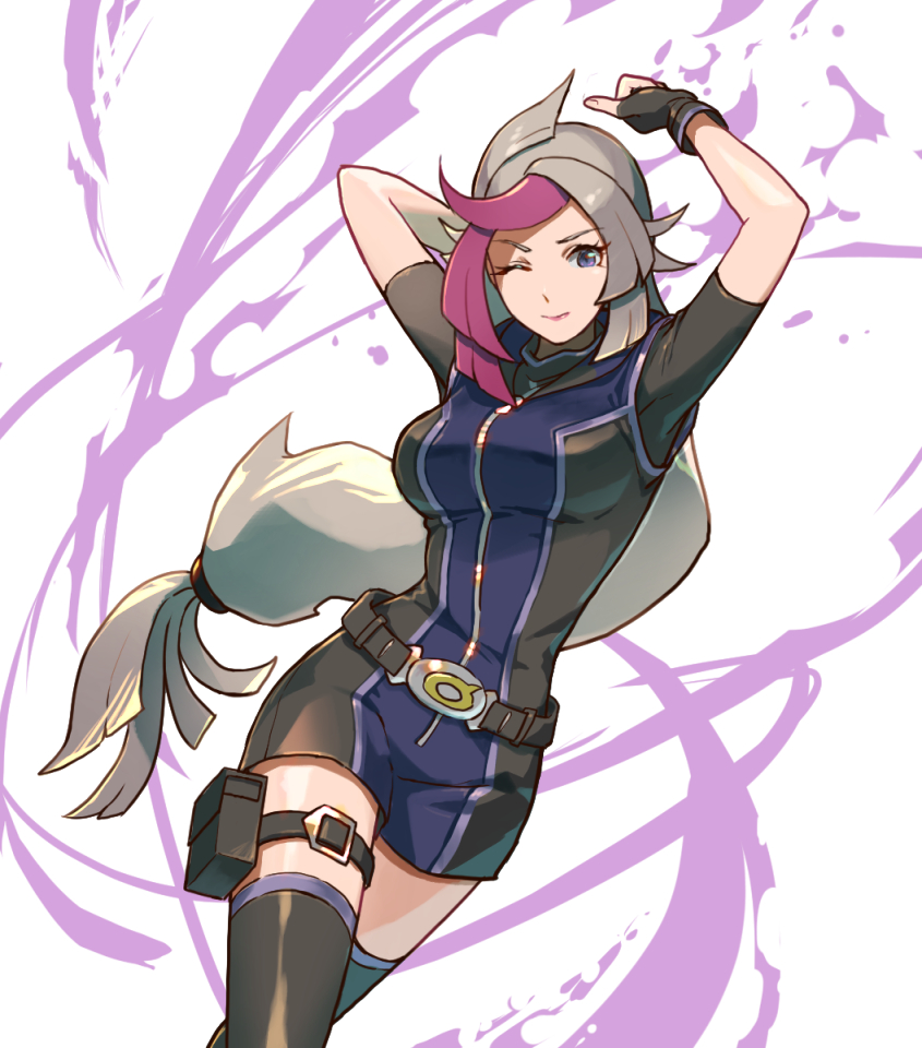 1girl arms_behind_head belt bessho_emma black_gloves black_legwear bodysuit breasts fingerless_gloves full-length_zipper gloves grey_hair large_breasts long_hair looking_at_viewer loose_belt low-tied_long_hair multicolored_hair one_eye_closed pink_lips purple_hair short_sleeves solo teryusake thigh-highs thigh_pouch thigh_strap two-tone_hair very_long_hair violet_eyes wince yuu-gi-ou yuu-gi-ou_vrains zipper zipper_pull_tab