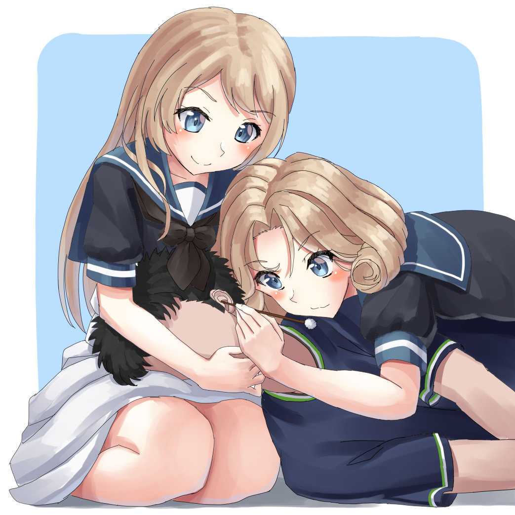 1boy 2girls bangs blonde_hair blue_background blue_eyes blue_sailor_collar border dress ear_cleaning janus_(kantai_collection) jervis_(kantai_collection) kantai_collection lap_pillow long_hair mayura2002 mimikaki multiple_girls parted_bangs sailor_collar sailor_dress short_hair two-tone_background upper_body white_border white_dress