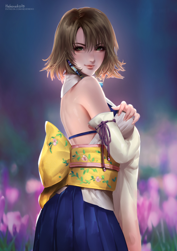 1girl bangs beads blue_eyes blue_skirt blurry blurry_background blush bra_strap breasts brown_hair detached_sleeves final_fantasy final_fantasy_x floral_print flower green_eyes hair_beads hair_ornament hand_on_breast heheneko heterochromia japanese_clothes kimono lavender_flower long_skirt looking_at_viewer medium_breasts medium_hair sash signature skirt smile solo wide_sleeves yellow_sash yuna_(ff10)