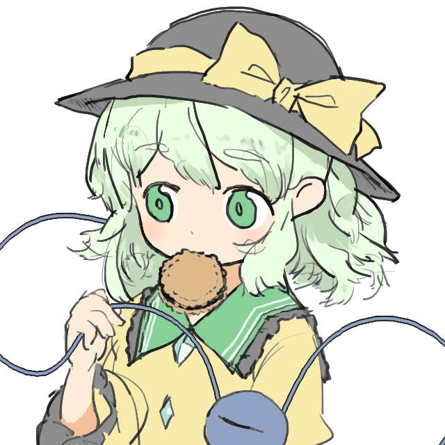 1girl bangs black_frills black_headwear bow collared_shirt cookie eyeball eyebrows eyebrows_visible_through_hair food food_in_mouth frilled_shirt_collar frilled_sleeves frills green_eyes hand_up hat hat_bow hat_ribbon holding hozumiare komeiji_koishi light_green_hair long_sleeves looking_away medium_hair mouth_hold ribbon sandwich_cookie shirt sidelocks simple_background sketch solo tareme third_eye touhou upper_body wavy_hair white_background wide_sleeves yellow_bow yellow_ribbon yellow_shirt