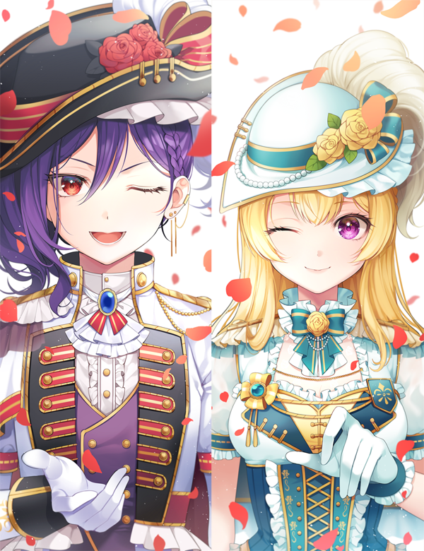 2girls bang_dream! blonde_hair braid flower gloves hair_between_eyes half_updo hat jewelry long_hair minori_(faddy) multiple_girls one_eye_closed purple_hair red_eyes rose seta_kaoru shirasagi_chisato sidelocks violet_eyes