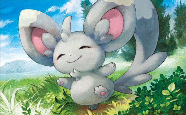 ^_^ closed_eyes creature facing_viewer gen_5_pokemon kodama_(artist) minccino no_humans official_art pokemon pokemon_(creature) pokemon_trading_card_game solo standing standing_on_one_leg third-party_source