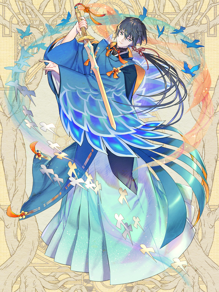 1boy bird black_hair blue_kimono commission dairoku_youhei full_body holding holding_sword holding_weapon infospikee japanese_clothes kimono low_ponytail male_focus ponytail simple_background solo standing sword weapon wide_sleeves