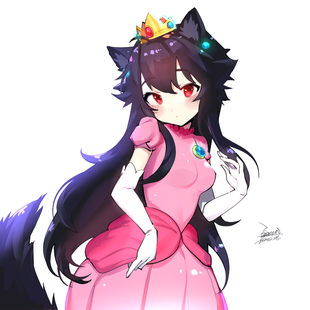 1girl ahoge animal_ears bangs black_hair blush breasts brooch chinese_commentary closed_mouth commentary_request cosplay crown dated dress ejami ekko_(ejami) elbow_gloves eyebrows_visible_through_hair fox_ears fox_girl fox_tail gem gloves heart heart-shaped_pupils jewelry long_hair looking_at_viewer super_mario_bros. original pink_dress princess_peach princess_peach_(cosplay) puffy_short_sleeves puffy_sleeves red_eyes sapphire_(gemstone) short_sleeves sidelocks signature simple_background small_breasts solo symbol-shaped_pupils tail very_long_hair white_background white_gloves