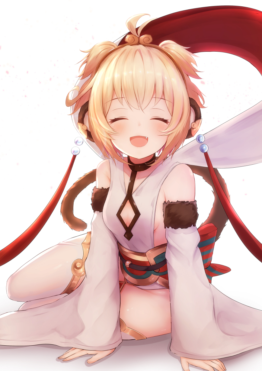 1girl :d ^_^ andira_(granblue_fantasy) animal_ears blonde_hair cleavage_cutout closed_eyes detached_sleeves erune eyebrows_visible_through_hair fang granblue_fantasy highres kimblee monkey_ears monkey_girl monkey_tail open_mouth shawl short_hair simple_background sitting smile solo tail thigh-highs twintails two_side_up white_background white_legwear wide_sleeves