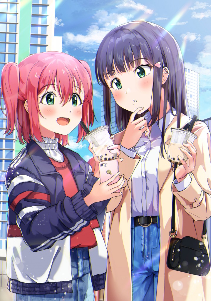 2girls :d bag bangs black_hair black_jacket blue_pants blue_skirt blush breasts brown_coat bubble_tea building cellphone coat collared_shirt commentary_request cup day disposable_cup dress_shirt drinking_straw eyebrows_visible_through_hair green_eyes hair_between_eyes hair_ornament handbag heart heart_hair_ornament holding holding_cellphone holding_cup holding_phone jacket kurosawa_dia kurosawa_ruby long_hair long_sleeves love_live! love_live!_sunshine!! multiple_girls open_clothes open_coat open_mouth outdoors pants phone redhead shaka_(staito0515) shirt shoulder_bag siblings sisters skirt small_breasts smile sunlight sweater_vest two_side_up white_shirt