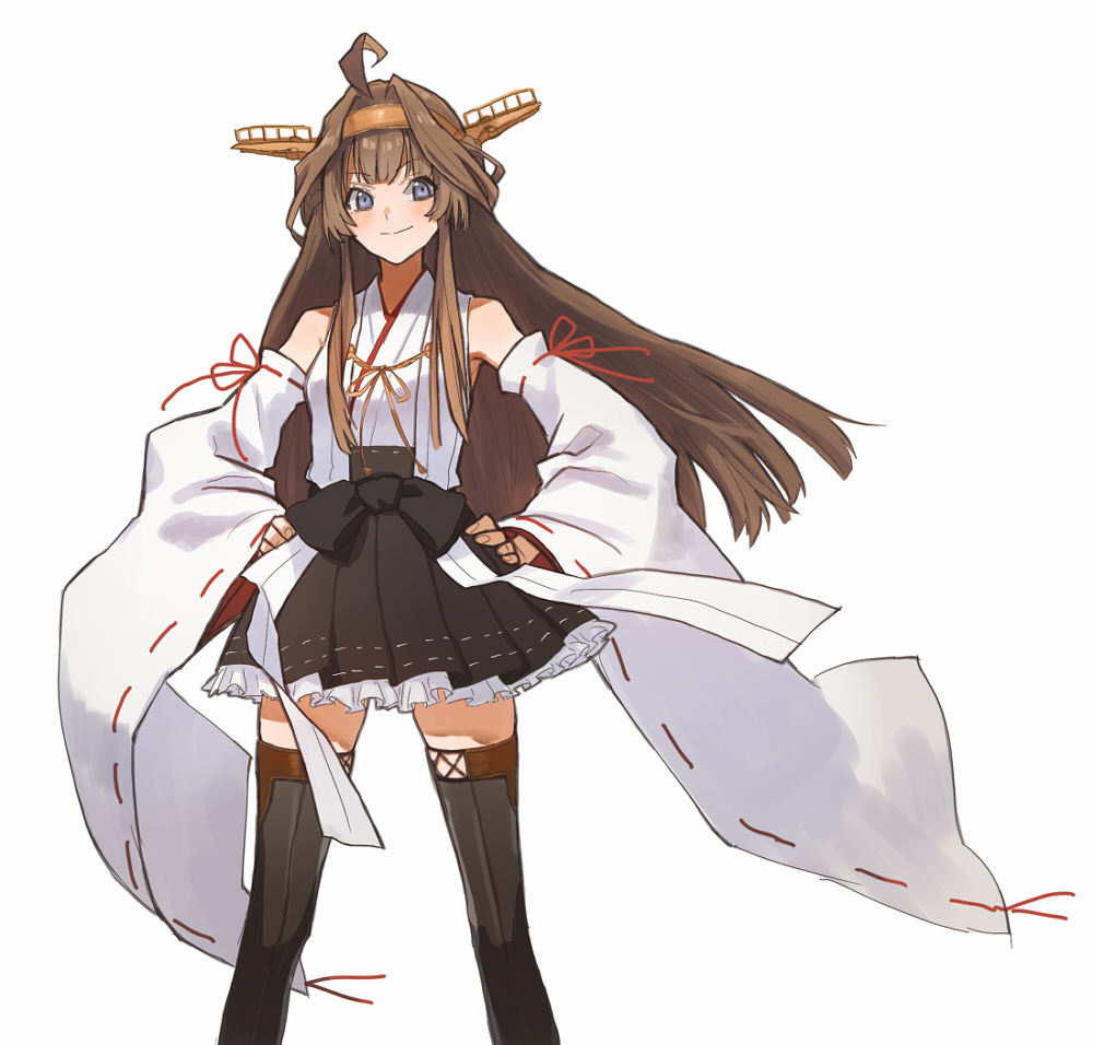 1girl ahoge bangs blue_eyes blush brown_hair brown_legwear detached_sleeves double_bun eyebrows_visible_through_hair frilled_skirt frills hands_on_hips headgear japanese_clothes kantai_collection kongou_(kantai_collection) long_hair long_sleeves nontraditional_miko ribbon-trimmed_sleeves ribbon_trim sidelocks simple_background skirt smile solo suzuka_(suzuka9111) thigh-highs white_background wide_sleeves