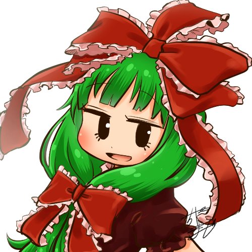 1girl avatar_icon bow chamaji commentary dress eyebrows_visible_through_hair frilled_ribbon frills front_ponytail green_hair hair_bow hair_ribbon kagiyama_hina long_hair looking_at_viewer lowres open_mouth puffy_short_sleeves puffy_sleeves red_dress red_ribbon ribbon short_sleeves signature smile solo touhou upper_body white_background