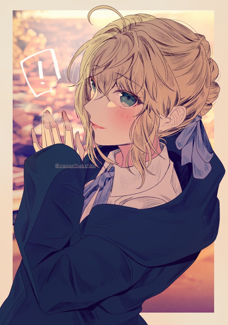 ! 1girl ahoge artoria_pendragon_(all) blonde_hair blue_ribbon blush braid eyebrows_visible_through_hair fate/stay_night fate_(series) french_braid green_eyes hair_ribbon jacket ribbon saber shirt smile spoken_exclamation_mark twitter_username yanagiba_kiriko