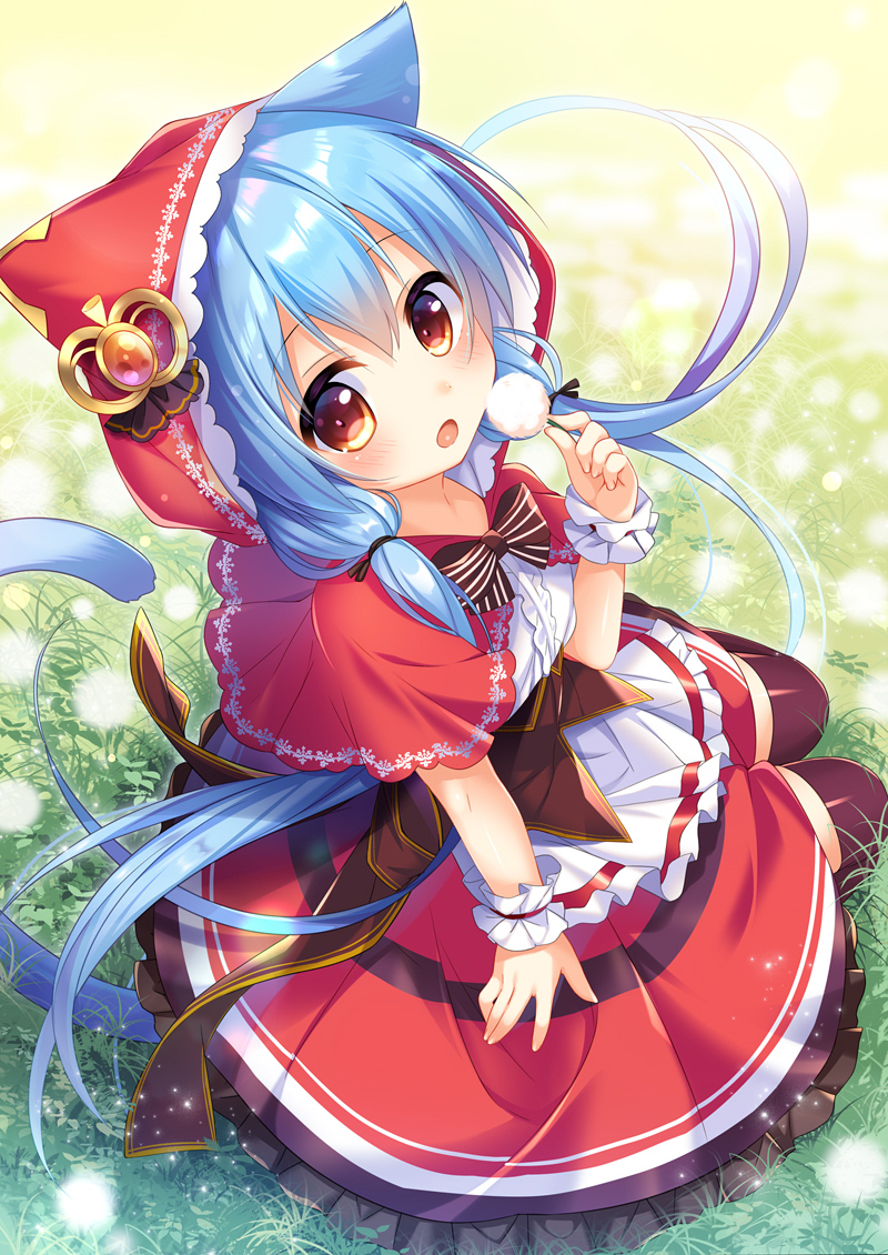 1girl animal_ears apron blue_hair capelet cat_ears cat_tail hood hood_up little_red_riding_hood long_hair orange_eyes original shirt skirt tail thigh-highs tied_hair umeko_machi zettai_ryouiki