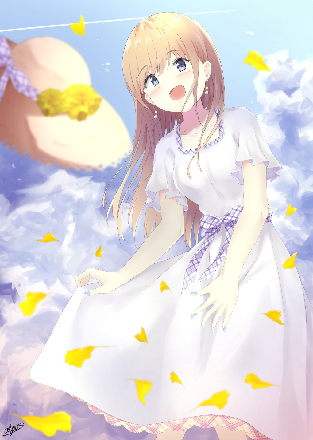 1girl 7_calpis_7 bangs blue_eyes blue_nails blue_sky blurry blurry_foreground blush breasts brown_hair brown_headwear clouds cloudy_sky commentary_request day depth_of_field dress earrings eyebrows_visible_through_hair flower hair_between_eyes hat hat_flower hat_removed headwear_removed highres jewelry leaves_in_wind long_hair marigold multicolored multicolored_nails nail_polish open_mouth original outdoors short_sleeves signature skirt_hold sky small_breasts solo star star_earrings straw_hat white_dress white_nails yellow_flower