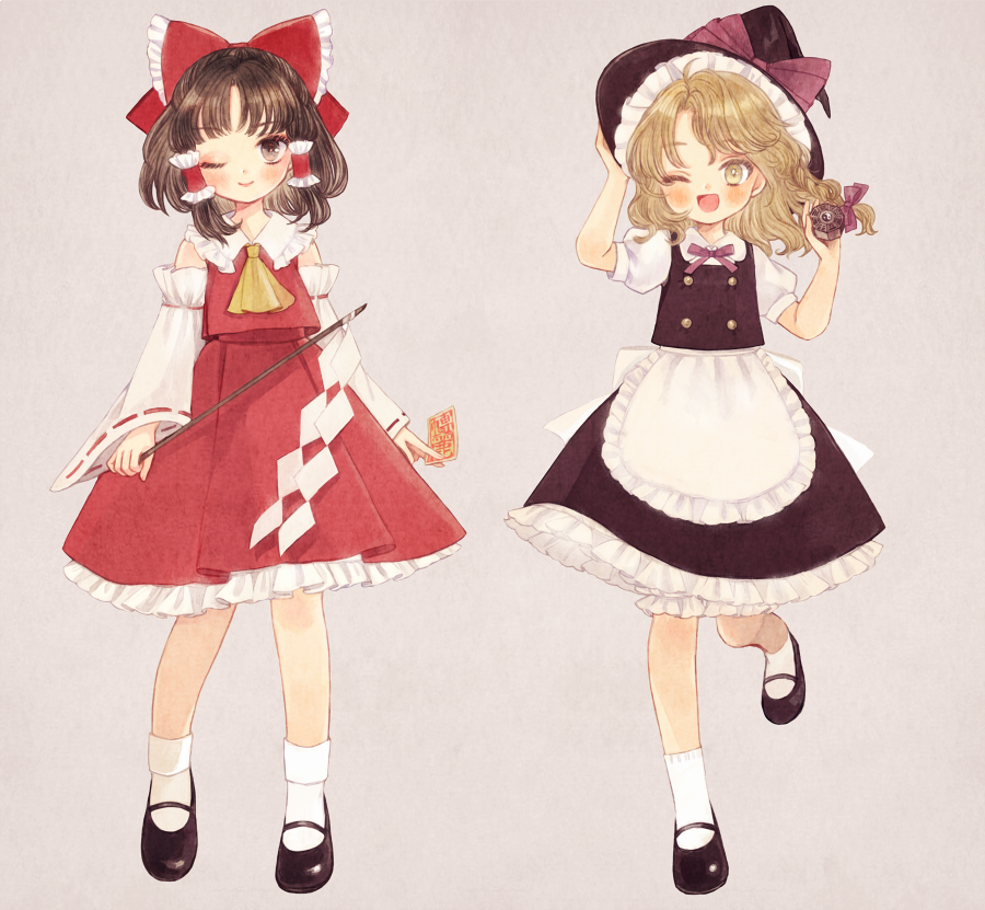 2girls ;) ;d apron ascot beige_background black_footwear black_skirt black_vest blonde_hair blush bobby_socks bow braid brown_eyes brown_hair detached_sleeves frilled_shirt_collar frills full_body gohei hair_bow hair_tubes hakurei_reimu hand_on_headwear hands_up hat hat_bow holding kirisame_marisa leg_up long_hair long_sleeves looking_at_viewer mary_janes medium_hair mini-hakkero multiple_girls nontraditional_miko ofuda one_eye_closed open_mouth petticoat puffy_short_sleeves puffy_sleeves purple_bow red_shirt red_skirt shirt shoes short_sleeves side_braid simple_background single_braid skirt skirt_set smile socks standing standing_on_one_leg touhou vest waist_apron white_legwear witch_hat yellow_eyes yellow_neckwear yujup