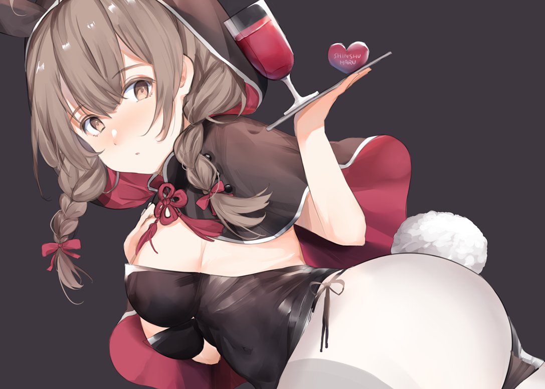 1girl adapted_costume alcohol animal_ears black_capelet black_leotard braid breasts brown_eyes brown_hair bunny_tail bunnysuit capelet cowboy_shot cup drinking_glass grey_background hood hooded_capelet kagura_miyabi kantai_collection large_breasts leotard long_hair pantyhose rabbit_ears shinshuu_maru_(kantai_collection) simple_background solo strapless strapless_leotard tail thighband_pantyhose tray twin_braids white_legwear wine wine_glass