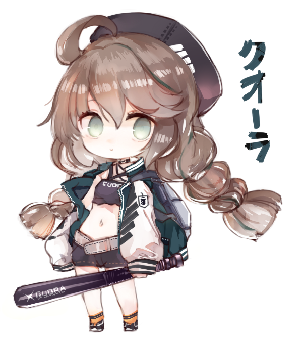 1girl ahoge arknights backpack bag bangs baseball_bat belt black_footwear black_headwear black_shorts braid brown_hair character_name chibi closed_mouth clothes_writing commentary_request crop_top cuora_(arknights) eyebrows_behind_hair full_body green_eyes green_jacket grey_belt hair_between_eyes hat holding holding_baseball_bat jacket kotatu_(akaki01aoki00) long_hair long_sleeves looking_at_viewer low_twintails midriff navel open_clothes open_jacket orange_legwear puffy_long_sleeves puffy_sleeves shoes short_shorts shorts simple_background sleeves_past_wrists socks solo standing twin_braids twintails very_long_hair white_background