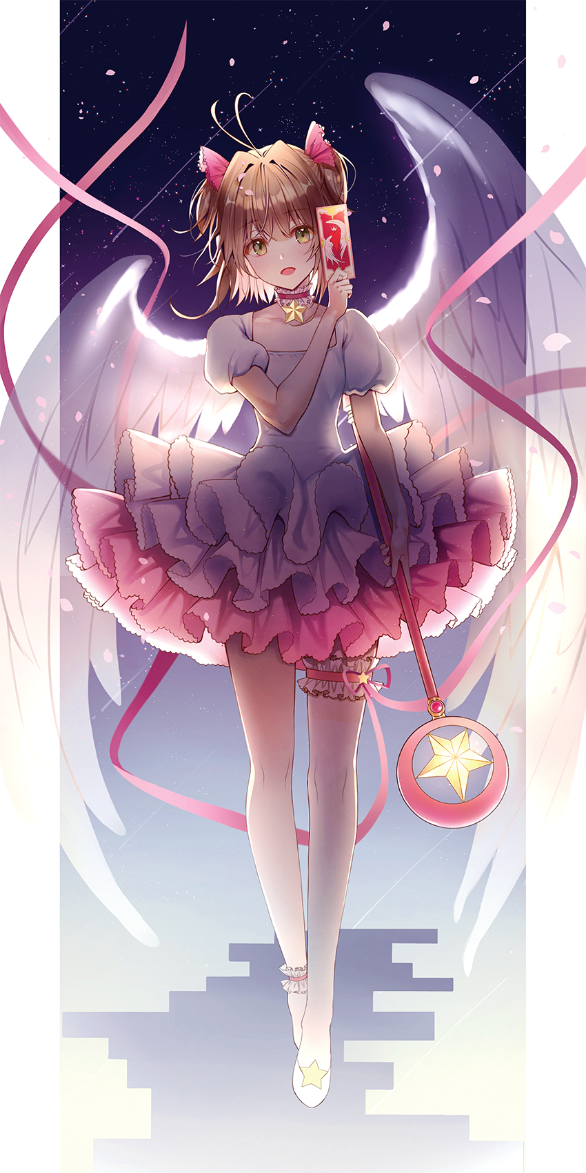 1girl antenna_hair bangs brown_hair cardcaptor_sakura choker collarbone dress eyebrows_visible_through_hair full_body green_eyes hair_between_eyes highres holding holding_staff kinomoto_sakura layered_dress lium open_mouth pumps shiny shiny_hair short_dress short_hair solo staff standing thigh_strap two_side_up white_dress