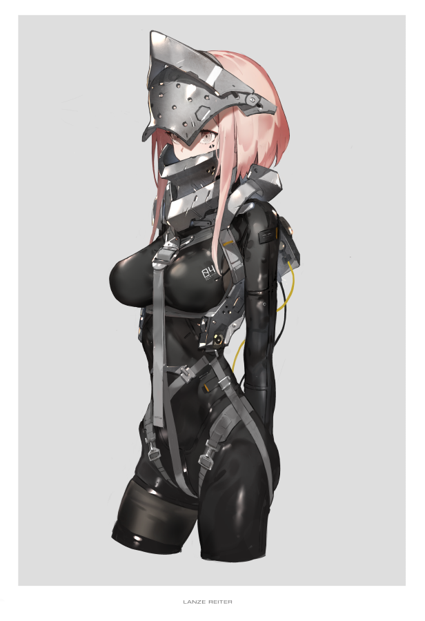 1girl armor bodysuit breasts cowboy_shot cropped_legs falslander gorget grey_background grey_eyes harness headgear helmet iris_(neco) lanze_reiter_(neco) large_breasts neco original pink_hair short_hair short_hair_with_long_locks simple_background solo