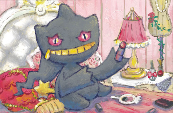 banette bed creature gen_3_pokemon grin holding holding_lipstick_tube indoors lampshade lipstick looking_at_viewer makeup mirror no_humans official_art pillow pink_eyes pokemon pokemon_(creature) pokemon_trading_card_game sitting smile solo third-party_source yamaki_eri