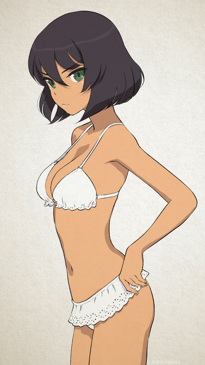 1girl akagi_(fmttps) bangs brown_hair dark_skin girls_und_panzer green_eyes highres hoshino_(girls_und_panzer) looking_at_viewer panties short_hair simple_background solo underwear white_panties