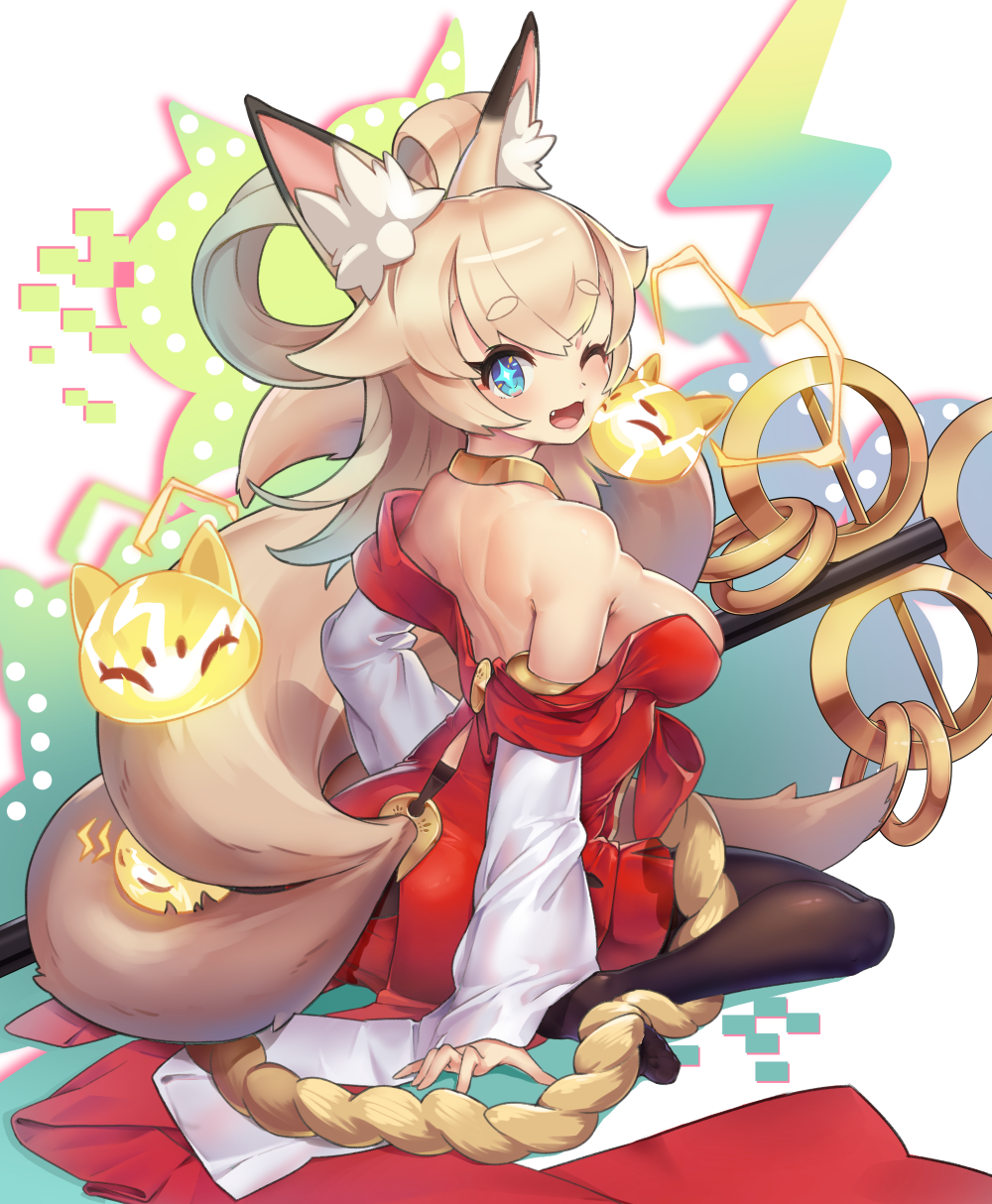 1girl animal_ear_fluff animal_ears artist_request bare_shoulders black_legwear blonde_hair blue_eyes blush breasts electricity eyebrows_visible_through_hair fang fox_ears fox_tail hair_flaps highres inaho_(world_flipper) looking_back medium_breasts medium_hair multiple_tails one_eye_closed open_mouth pantyhose rope shimenawa sideboob sitting smile solo staff tail wariza world_flipper