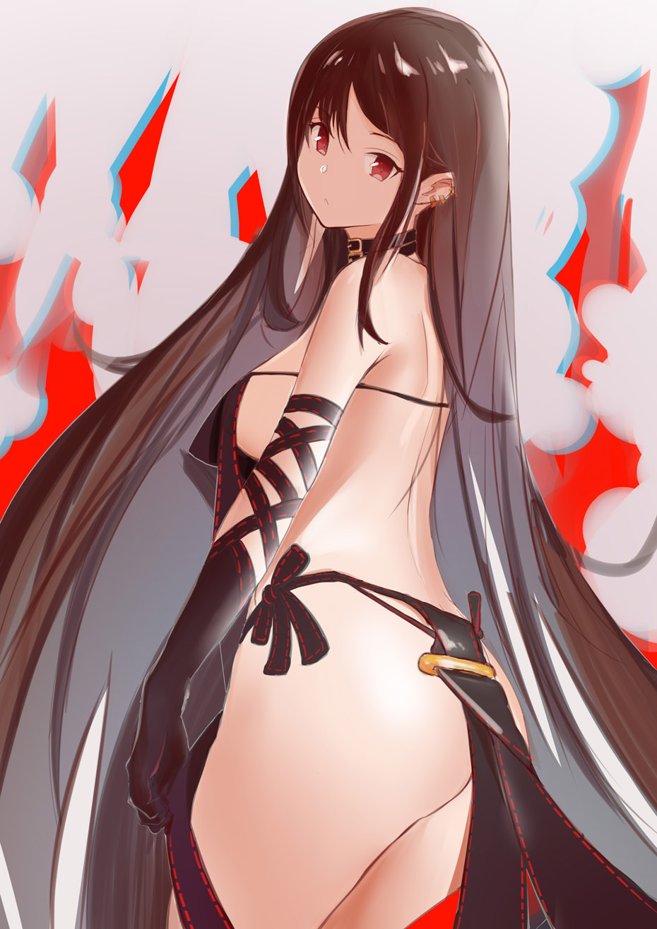 ass breasts brown_hair consort_yu_(fate) cowboy_shot dh-zone elbow_gloves expressionless fate/grand_order fate_(series) gloves graphite_(medium) highres long_hair looking_at_viewer multiple_piercings red_eyes sideboob thighs traditional_media very_long_hair