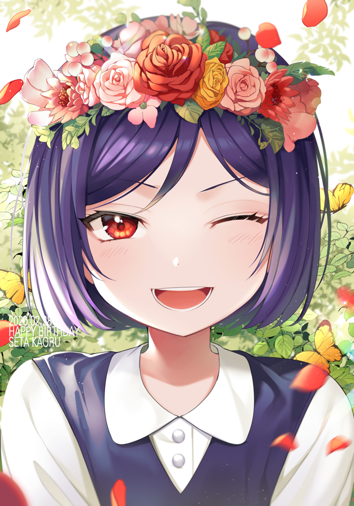 1girl bang_dream! bug butterfly eyelashes flower hair_between_eyes hair_flower hair_ornament happy_birthday head_wreath insect minori_(faddy) one_eye_closed open_mouth petals pink_flower pink_rose purple_hair red_eyes red_flower red_rose rose rose_petals seta_kaoru shirt smile solo teeth white_shirt yellow_flower yellow_rose younger