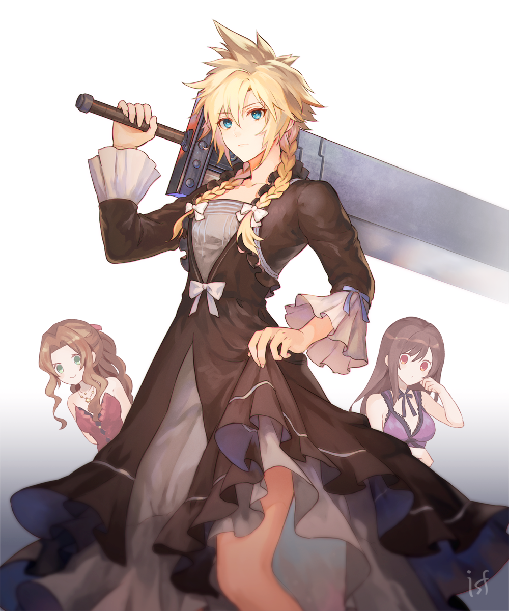 1boy 2girls aerith_gainsborough black_dress black_hair blonde_hair blue_eyes bow braid brown_eyes brown_hair buster_sword cloud_strife crossdressinging dress final_fantasy final_fantasy_vii final_fantasy_vii_remake frilled_sleeves frills green_eyes hair_bow highres jewelry looking_at_viewer multiple_girls necklace over_shoulder purple_dress red_dress sasanomesi spiky_hair sword tifa_lockhart twin_braids weapon weapon_over_shoulder