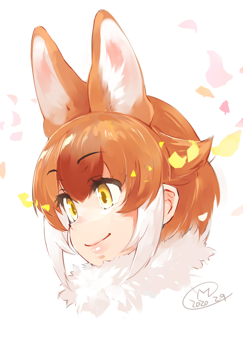 1girl animal_ears bangs brown_hair commentary_request dated dhole_(kemono_friends) dog_ears extra_ears eyebrows_visible_through_hair eyes_visible_through_hair fur_collar hair_between_eyes hair_flaps happa_(cloverppd) highres kemono_friends looking_away multicolored_hair portrait short_hair signature simple_background smile solo two-tone_hair white_background white_hair yellow_eyes