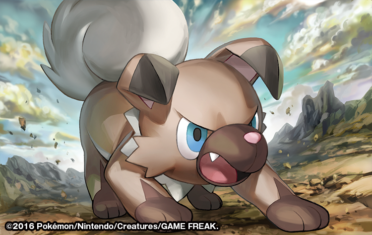 2016 blue_eyes blue_sky clouds cloudy_sky day dog dog_focus fangs full_body gen_7_pokemon match_(idleslumber) official_art outdoors pokemon pokemon_trading_card_game rock rockruff sky solo standing watermark