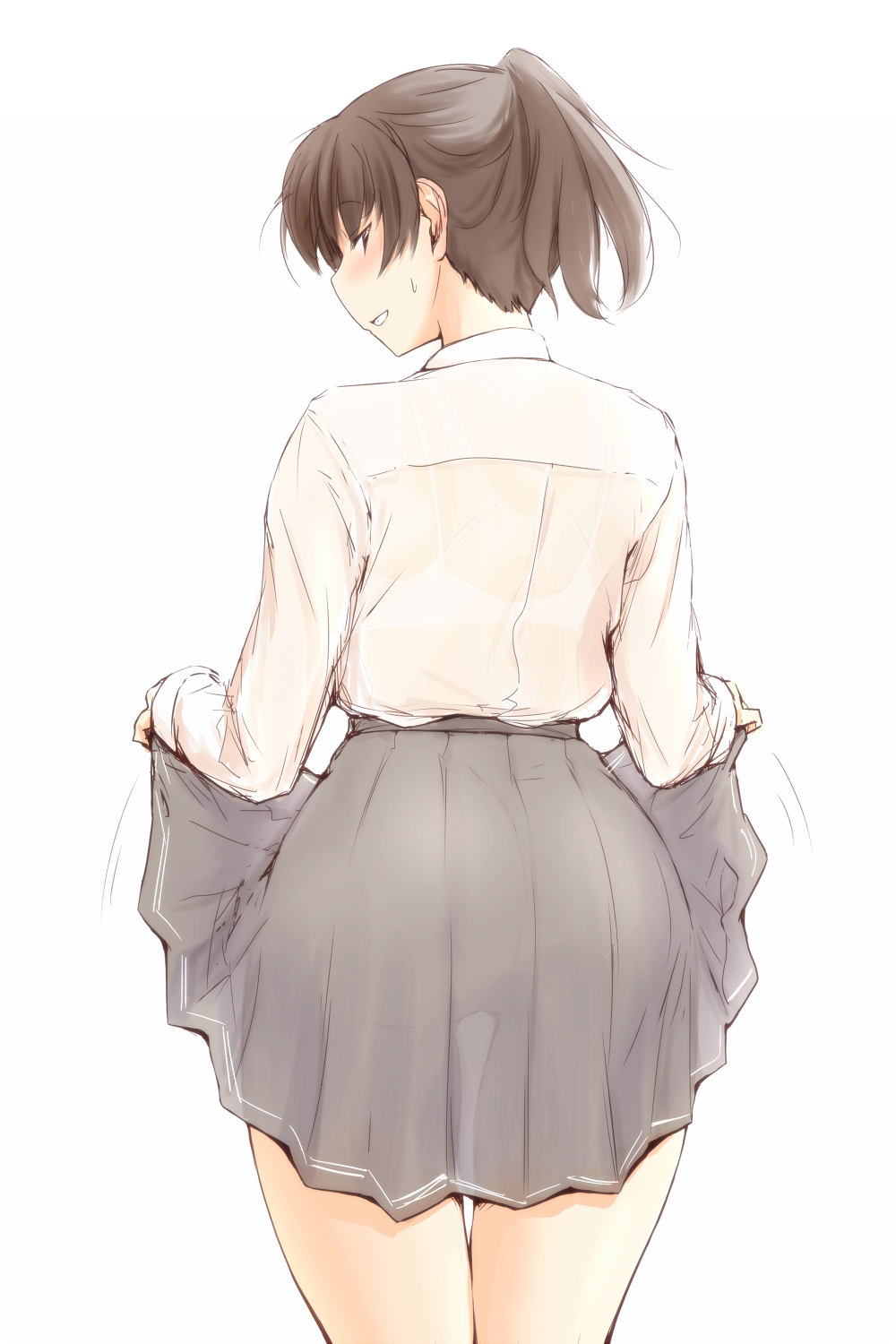 1girl amagami ass bangs blush bralines brown_hair commentary_request cowboy_shot double_horizontal_stripe dress_shirt from_behind grey_skirt half-closed_eyes highres lifted_by_self long_sleeves looking_at_viewer looking_back miniskirt parted_lips pleated_skirt sasaki_akira_(ugc) school_uniform see-through shirt short_hair short_ponytail simple_background skirt skirt_lift smile solo standing thigh_gap tsukahara_hibiki white_background white_shirt