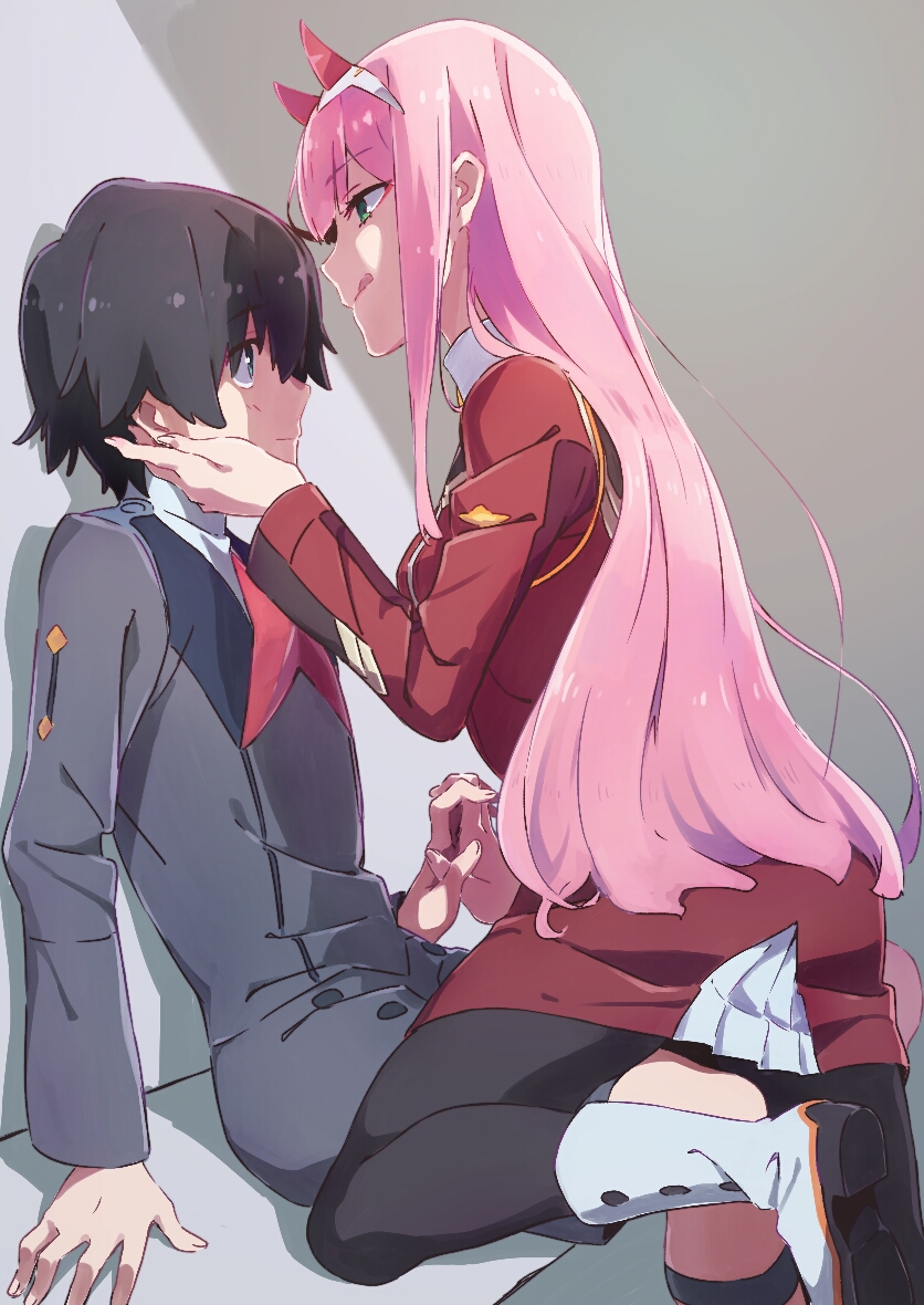 1boy 1girl aqua_eyes bangs black_hair darling_in_the_franxx eyebrows_visible_through_hair green_eyes hetero hiro_(darling_in_the_franxx) holding_hands horns long_hair military military_uniform pantyhose pink_hair tama_(tama-s) tongue tongue_out uniform zero_two_(darling_in_the_franxx)