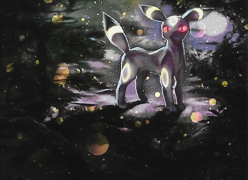 black_theme creature dark full_body full_moon gen_2_pokemon kawaguchi_youhei looking_at_viewer moon night night_sky no_humans official_art outdoors pokemon pokemon_(creature) pokemon_trading_card_game red_eyes shadow sky solo standing third-party_source umbreon