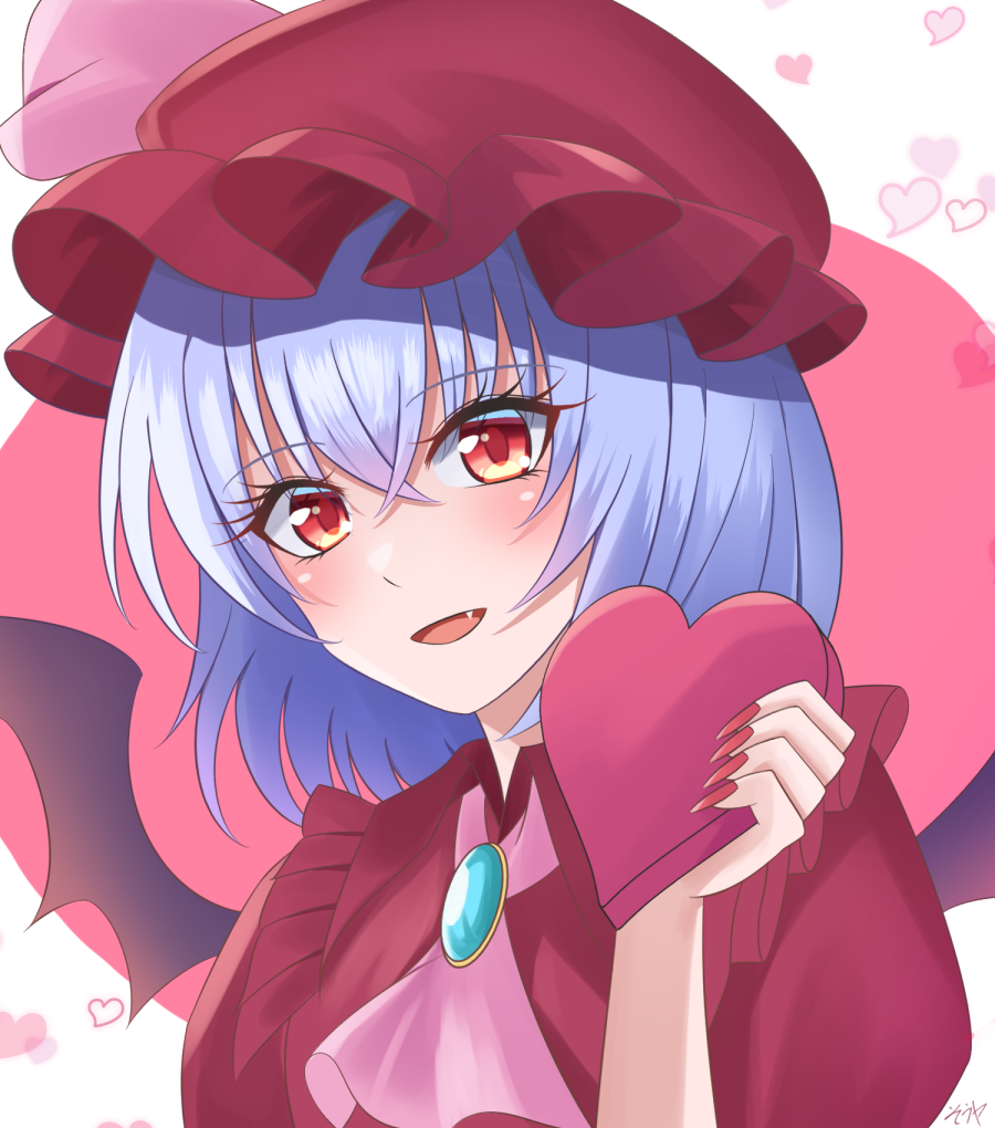 1girl :d bangs black_wings blue_hair blush demon_wings eyebrows_visible_through_hair fang fingernails hair_between_eyes hat looking_at_viewer nail_polish open_mouth pink_neckwear red_eyes red_headwear red_nails red_shirt remilia_scarlet sharp_fingernails shiny shiny_hair shirt short_hair short_sleeves smile solo souyoru touhou upper_body valentine wings