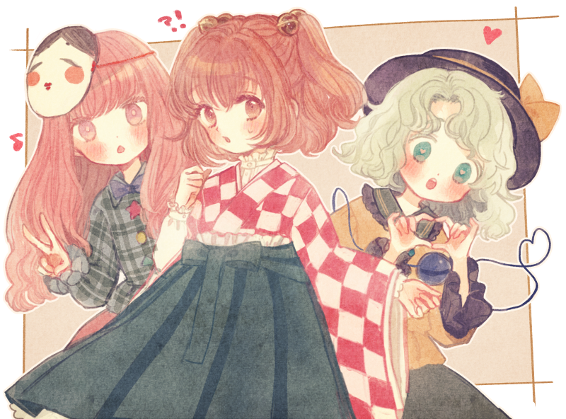 !? 3girls :o beige_background bell blush brown_eyes checkered checkered_kimono chestnut_mouth commentary_request green_eyes green_hair green_skirt hair_bell hair_ornament hat hat_ribbon hata_no_kokoro heart heart-shaped_pupils heart_hands heart_of_string japanese_clothes jingle_bell kimono long_sleeves looking_at_viewer mask mask_on_head motoori_kosuzu multiple_girls musical_note noh_mask open_mouth orange_hair outline outside_border parted_lips pink_eyes pink_hair plaid plaid_shirt ribbon shirt skirt symbol-shaped_pupils third_eye touhou two_side_up v wavy_hair wide_sleeves yellow_shirt yujup