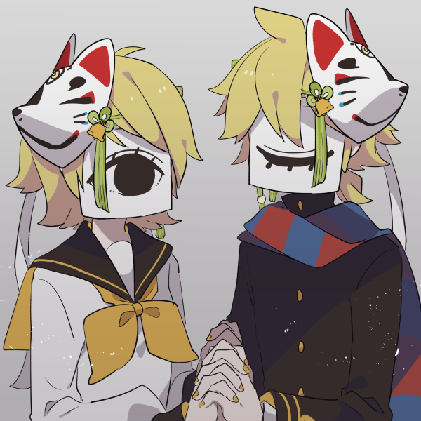 1boy 1girl bell black_collar black_shirt blonde_hair closed_eyes collar covered_face eye_print eyes fox_mask grey_background hair_bell hair_ornament hair_ribbon holding_hands kagamine_len kagamine_rin long_sleeves mask nail_polish neckerchief paper ribbon sailor_collar school_uniform shirt short_hair spiky_hair tassel upper_body vocaloid white_shirt yellow_nails yellow_neckwear yoshiki